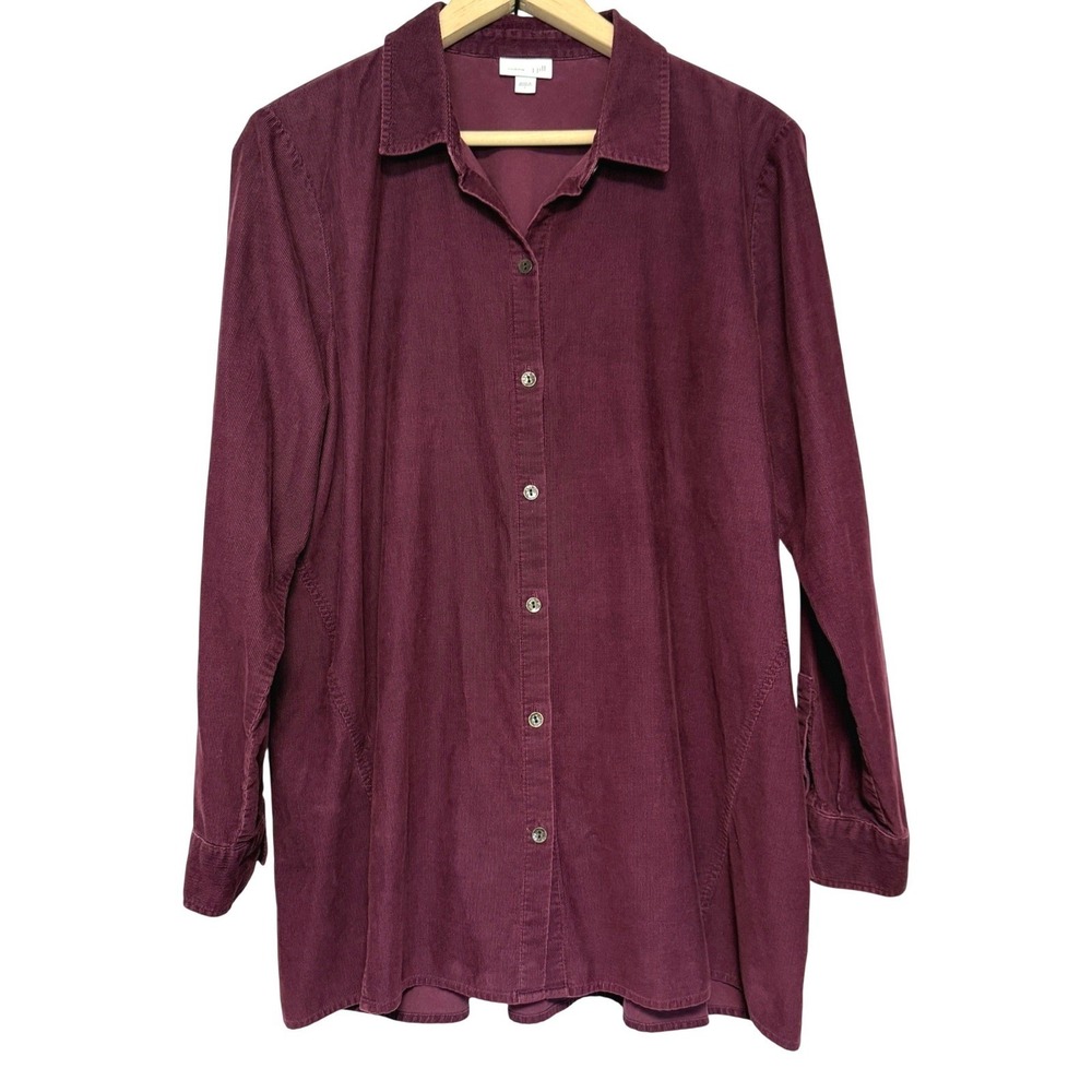 J. Jill Fine Wale Corduroy Shirt Womens L Burgundy Tunic Button Down Long Sleeve